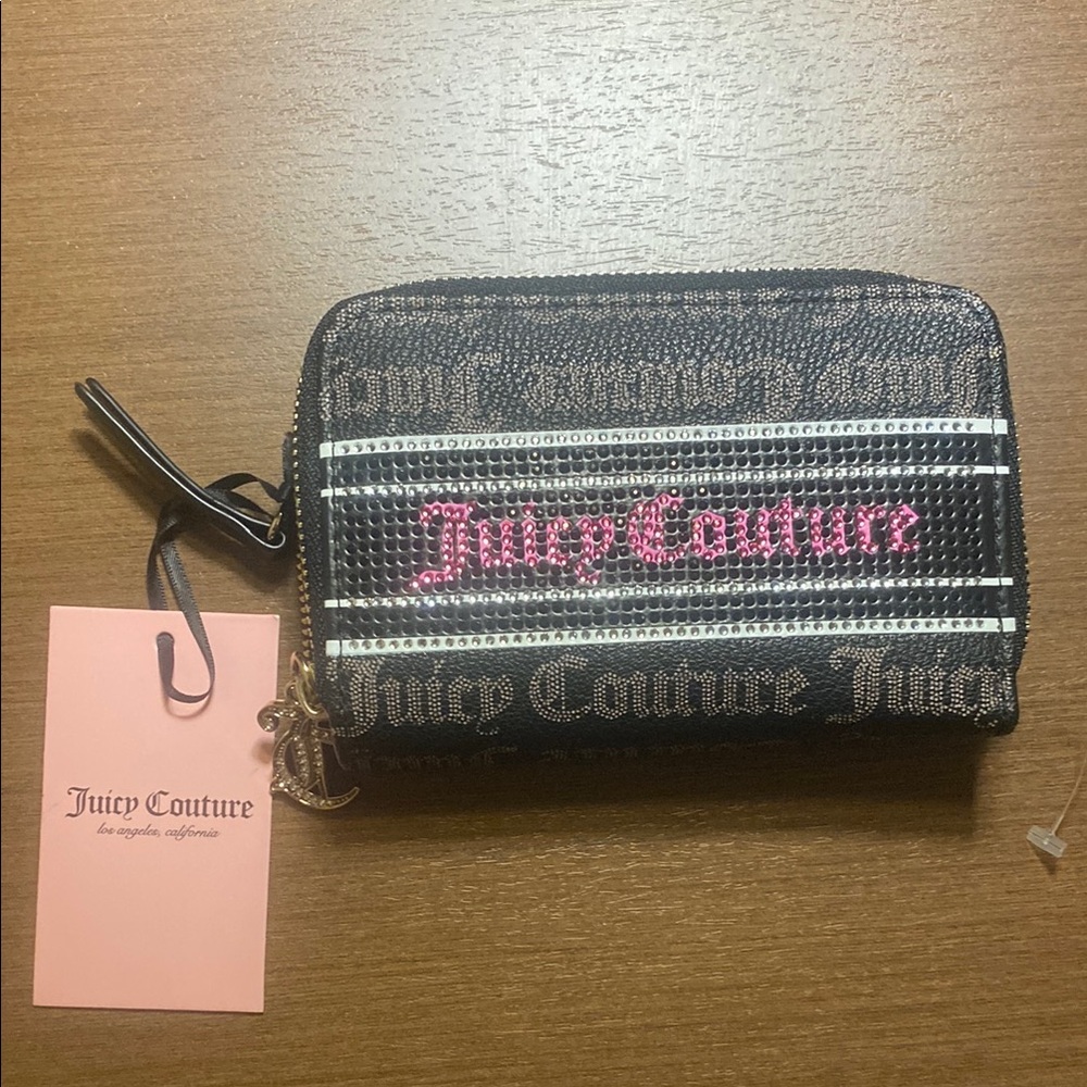 Juicy Couture Double Zip Black and Pink Wallet with bling. Two sections NWT